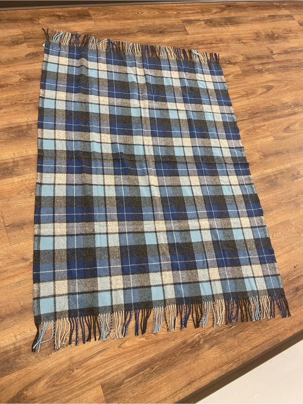 Pendleton Blue Plaid 100% Wool Vintage Fringe Throw Blanket 77X52 Made in USA